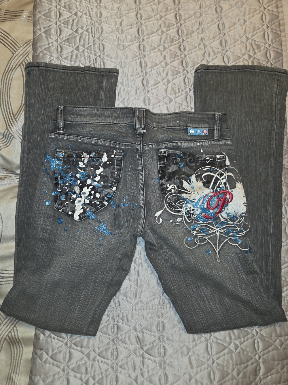 Pepe Jeans London Dark Gray Straight Leg Jeans with Blue Embellishment